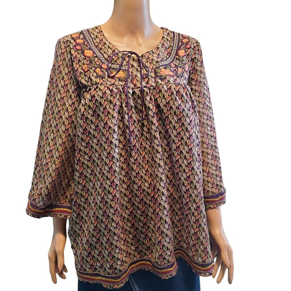 Life Style Woman Sz 1X Leaf Print Front Tie Embroidered Blouse Kimono Sleeves